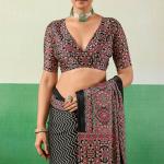 Transcendent Black Ajrakh Printed Semi Modal Silk Saree With Evocative Blouse Piece