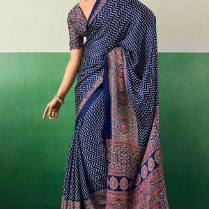Surreptitious Navy Blue Ajrakh Printed Semi Modal Silk Saree With Extraordinary Blouse Piece