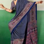 Surreptitious Navy Blue Ajrakh Printed Semi Modal Silk Saree With Extraordinary Blouse Piece
