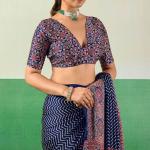 Surreptitious Navy Blue Ajrakh Printed Semi Modal Silk Saree With Extraordinary Blouse Piece
