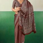 Ornate Brown Ajrakh Printed Semi Modal Silk Saree With Imaginative Blouse Piece