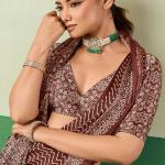 Ornate Brown Ajrakh Printed Semi Modal Silk Saree With Imaginative Blouse Piece
