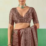 Ornate Brown Ajrakh Printed Semi Modal Silk Saree With Imaginative Blouse Piece