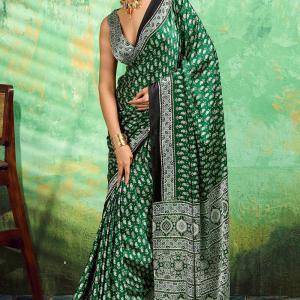 Wonderful Dark Green Ajrakh Printed Semi Modal Silk Saree With Quintessential Blouse Piece