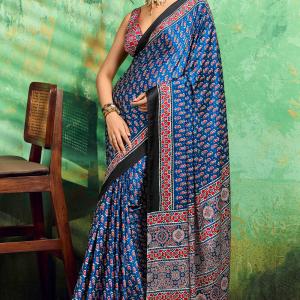 Excellent Blue Ajrakh Printed Semi Modal Silk Saree With Supernal Blouse Piece