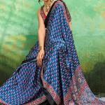 Excellent Blue Ajrakh Printed Semi Modal Silk Saree With Supernal Blouse Piece