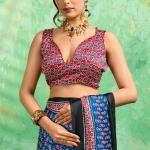 Excellent Blue Ajrakh Printed Semi Modal Silk Saree With Supernal Blouse Piece