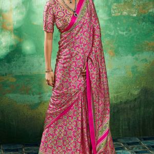 Whimsical Dark Pink Ajrakh Printed Semi Modal Silk Saree With Vibrant Blouse Piece