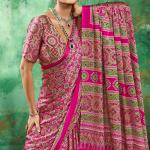 Whimsical Dark Pink Ajrakh Printed Semi Modal Silk Saree With Vibrant Blouse Piece