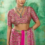 Whimsical Dark Pink Ajrakh Printed Semi Modal Silk Saree With Vibrant Blouse Piece
