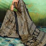 Epiphany Black Ajrakh Printed Satin Silk Saree With Luxuriant Blouse Piece
