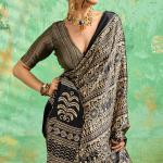 Epiphany Black Ajrakh Printed Satin Silk Saree With Luxuriant Blouse Piece