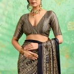 Epiphany Black Ajrakh Printed Satin Silk Saree With Luxuriant Blouse Piece