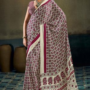 Trendy Beige Ajrakh Printed Satin Silk Saree With Gleaming Blouse Piece
