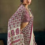 Trendy Beige Ajrakh Printed Satin Silk Saree With Gleaming Blouse Piece