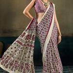 Trendy Beige Ajrakh Printed Satin Silk Saree With Gleaming Blouse Piece
