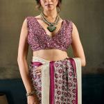 Trendy Beige Ajrakh Printed Satin Silk Saree With Gleaming Blouse Piece