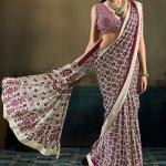 Trendy Beige Ajrakh Printed Satin Silk Saree With Gleaming Blouse Piece