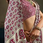 Trendy Beige Ajrakh Printed Satin Silk Saree With Gleaming Blouse Piece