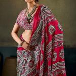 Sophisticated Dark Pink Ajrakh Printed Satin Silk Saree With Piquant Blouse Piece