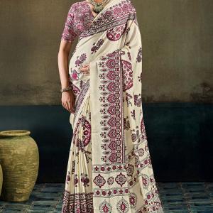 Surpassing Beige Ajrakh Printed Satin Silk Saree With Mesmeric Blouse Piece
