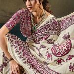 Surpassing Beige Ajrakh Printed Satin Silk Saree With Mesmeric Blouse Piece