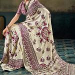 Surpassing Beige Ajrakh Printed Satin Silk Saree With Mesmeric Blouse Piece