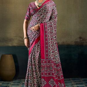 Opulent Wine Ajrakh Printed Satin Silk Saree With Twirling Blouse Piece