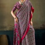 Opulent Wine Ajrakh Printed Satin Silk Saree With Twirling Blouse Piece
