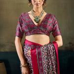 Opulent Wine Ajrakh Printed Satin Silk Saree With Twirling Blouse Piece