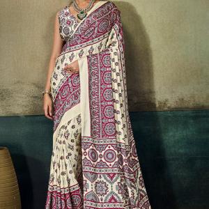 Invaluable Beige Ajrakh Printed Satin Silk Saree With Nebula Blouse Piece