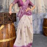 Fragrant Beige and Purple Pure Munga Cotton Saree With Surpassing Blouse Piece