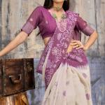 Fragrant Beige and Purple Pure Munga Cotton Saree With Surpassing Blouse Piece