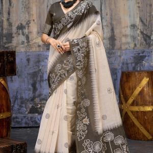 Wonderful Beige and Black Pure Munga Cotton Saree With Devastating Blouse Piece
