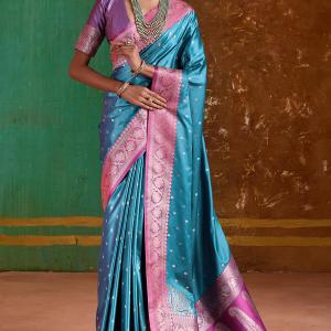 Posh Firozi Banarasi Satin Silk Saree With Resplendent Blouse