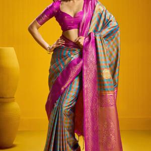Sensational Blue Two Tone Chex Banarasi Silk Saree With Snazzy Blouse Piece
