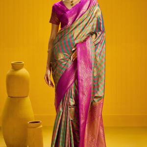 Lovely Green Two Tone Chex Banarasi Silk Saree With Pretty Blouse Piece