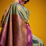 Susurrous Firozi Two Tone Chex Banarasi Silk Saree With Engaging Blouse Piece
