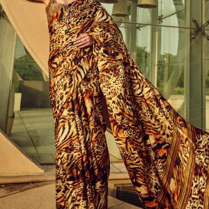 Majestic Brown Digital Printed Satin Silk Saree With Radiant Blouse Piece