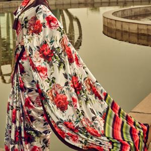 Zephyr Off White Digital Printed Satin Silk Saree With Ineffable Blouse Piece