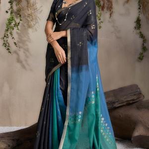 Diaphanous Black and Blue Viscose Cotton Silk Saree With Zephyr Blouse Piece
