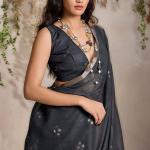 Diaphanous Black and Blue Viscose Cotton Silk Saree With Zephyr Blouse Piece