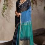 Diaphanous Black and Blue Viscose Cotton Silk Saree With Zephyr Blouse Piece