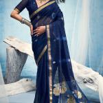 Woebegone Navy Blue Pure Munga Cotton Silk Saree With Ethnic Blouse Piece