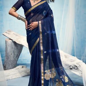 Woebegone Navy Blue Pure Munga Cotton Silk Saree With Ethnic Blouse Piece