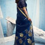 Woebegone Navy Blue Pure Munga Cotton Silk Saree With Ethnic Blouse Piece