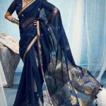 Woebegone Navy Blue Pure Munga Cotton Silk Saree With Ethnic Blouse Piece