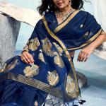 Woebegone Navy Blue Pure Munga Cotton Silk Saree With Ethnic Blouse Piece