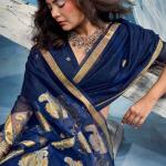Woebegone Navy Blue Pure Munga Cotton Silk Saree With Ethnic Blouse Piece