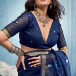 Woebegone Navy Blue Pure Munga Cotton Silk Saree With Ethnic Blouse Piece